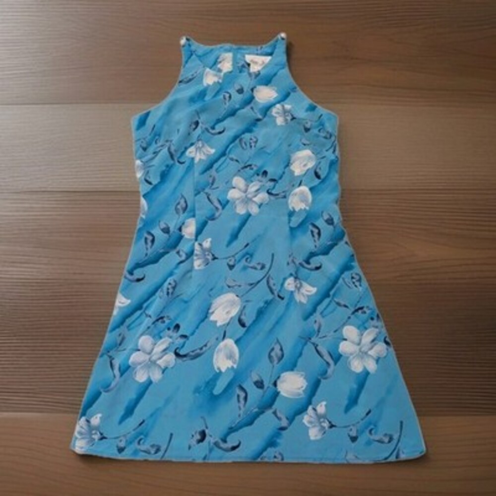Vintage Lisa Jo Blue Floral Sleeveless A-Line Dress Size 7/8